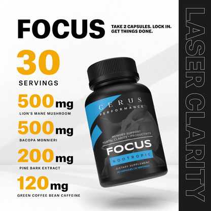 CERUS™ Focus – Nootropic Brain Booster for Athletes & High Performers | Enhances Clarity, Memory, and Mental Stamina | Caffeine-Free | 100% Natural Adaptogen Blend with Lion’s Mane, Rhodiola, and Bacopa | 30 Servings