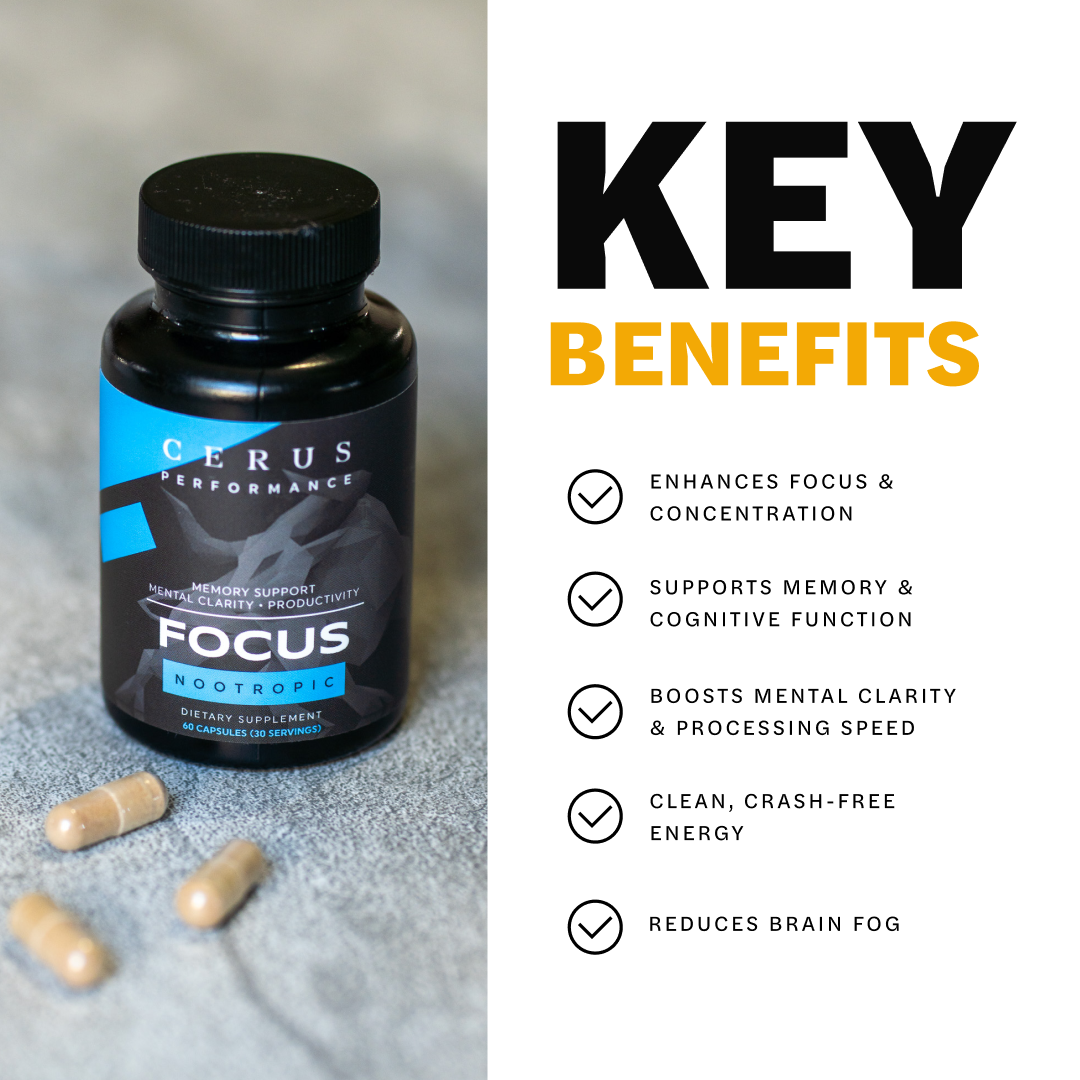 CERUS™ Focus – Nootropic Brain Booster for Athletes & High Performers | Enhances Clarity, Memory, and Mental Stamina | Caffeine-Free | 100% Natural Adaptogen Blend with Lion’s Mane, Rhodiola, and Bacopa | 30 Servings