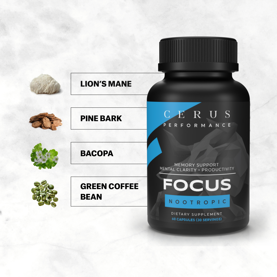 CERUS™ Focus – Nootropic Brain Booster for Athletes & High Performers | Enhances Clarity, Memory, and Mental Stamina | Caffeine-Free | 100% Natural Adaptogen Blend with Lion’s Mane, Rhodiola, and Bacopa | 30 Servings