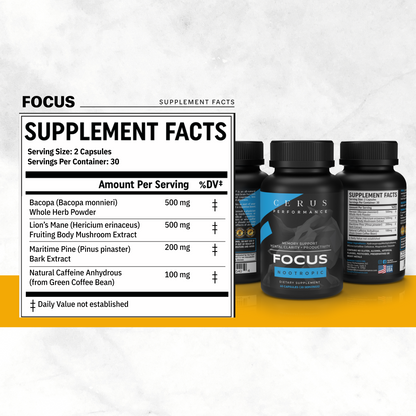 CERUS™ Focus – Nootropic Brain Booster for Athletes & High Performers | Enhances Clarity, Memory, and Mental Stamina | Caffeine-Free | 100% Natural Adaptogen Blend with Lion’s Mane, Rhodiola, and Bacopa | 30 Servings